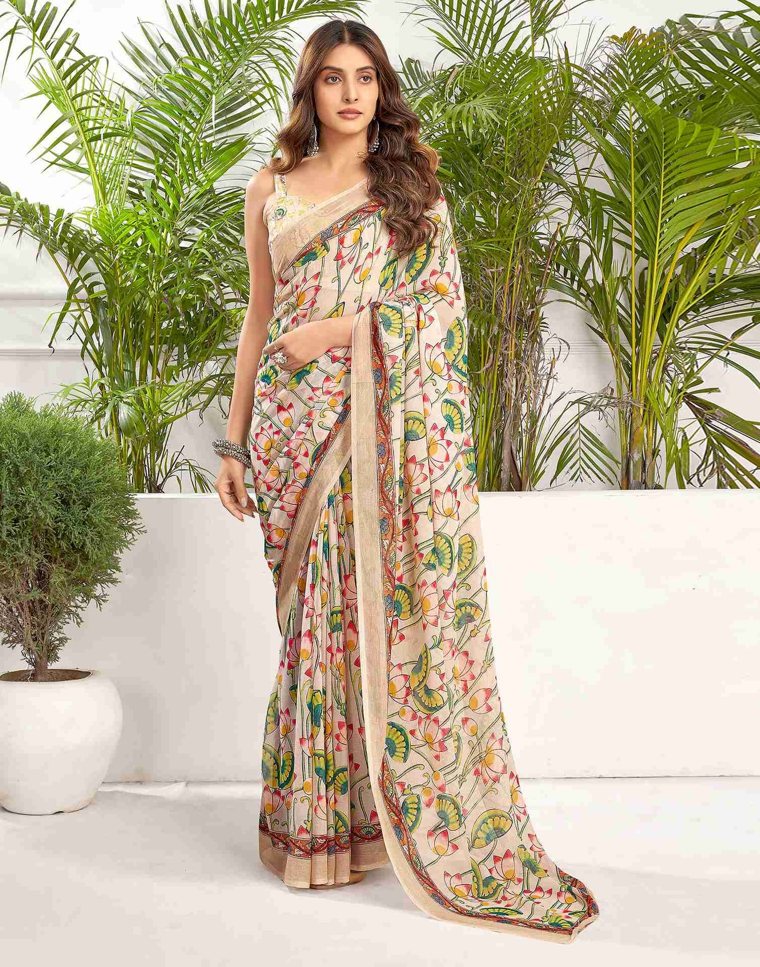 Light Beige Georgette Printed Saree