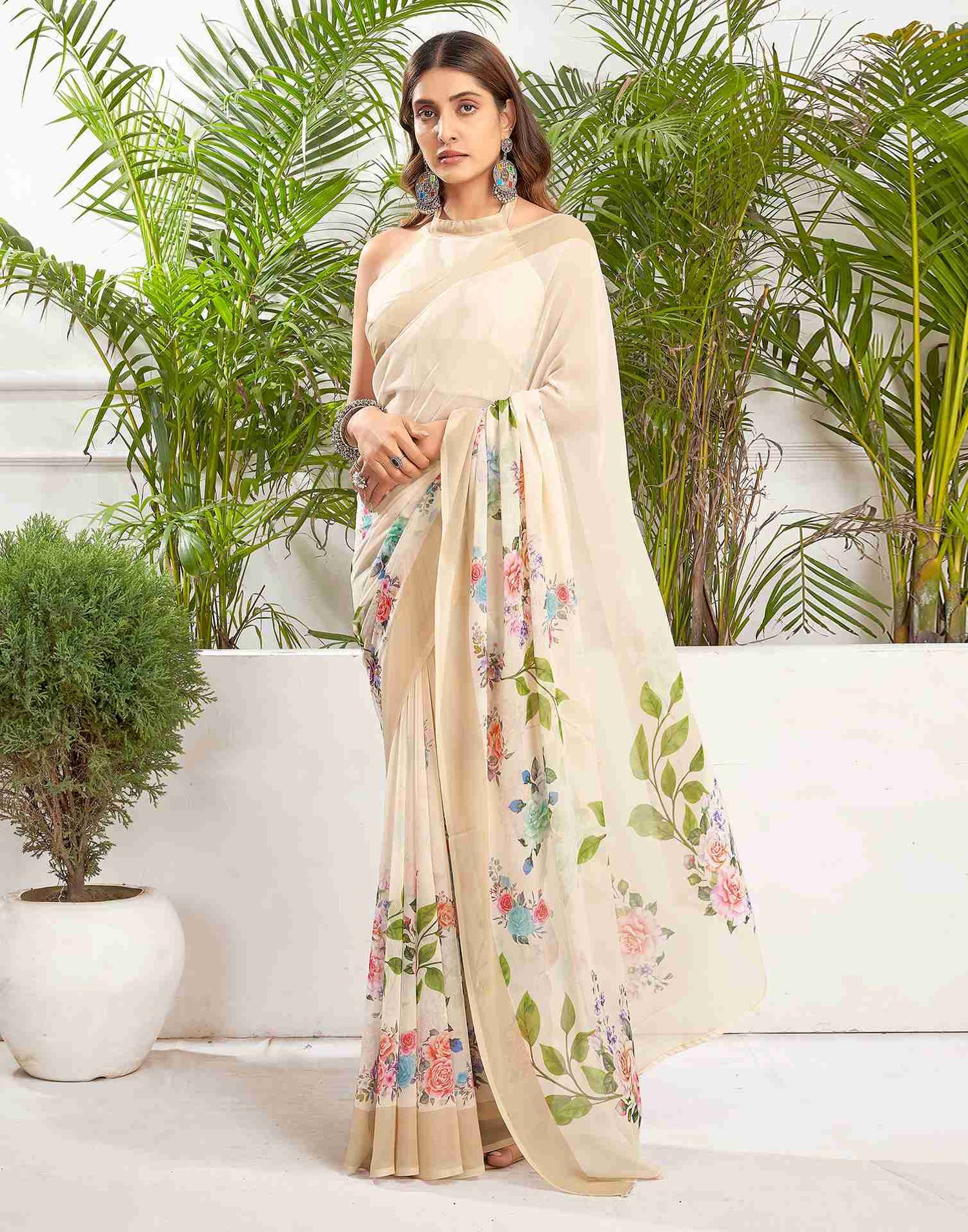 Cream Georgette Printed Saree