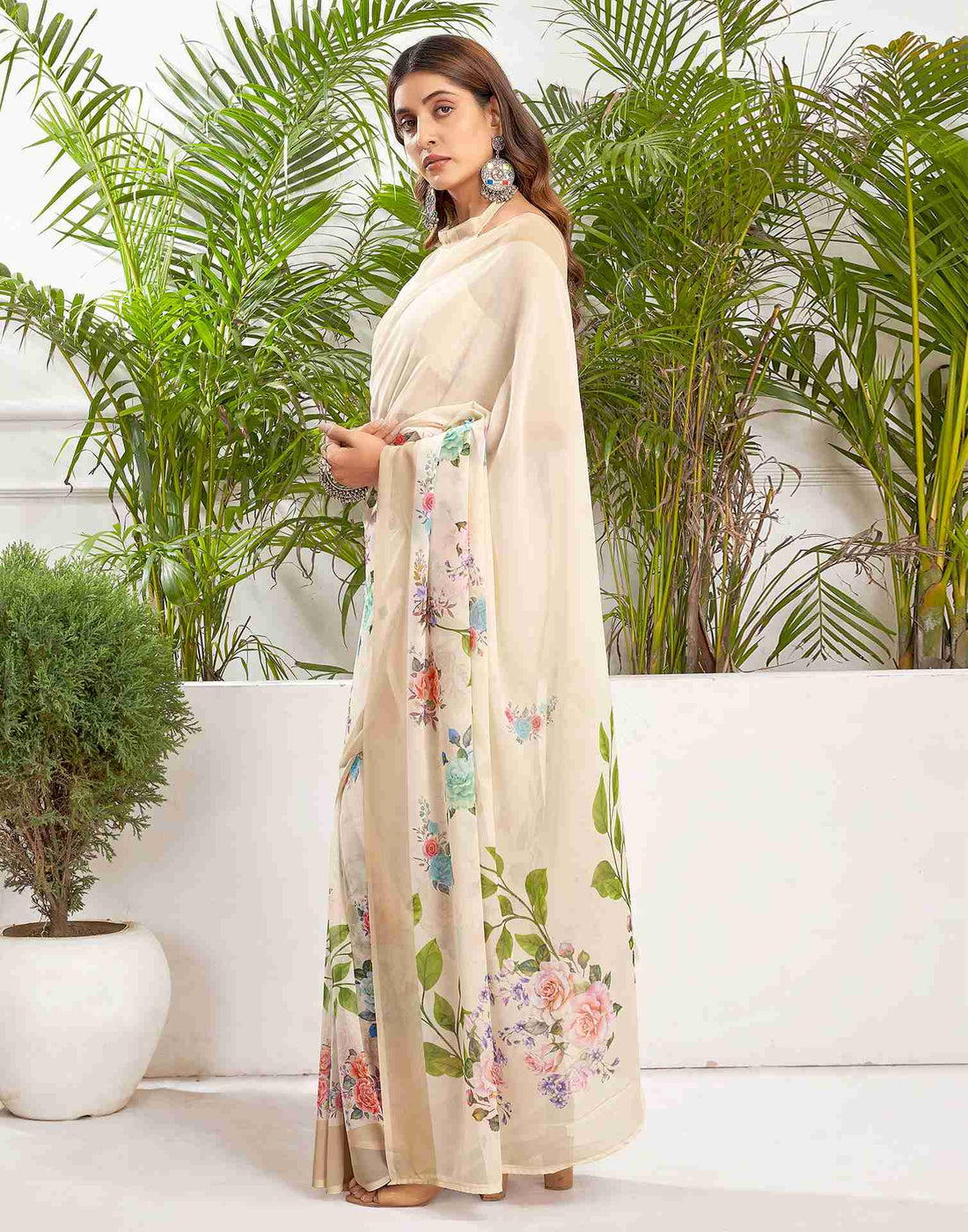 Cream Georgette Printed Saree