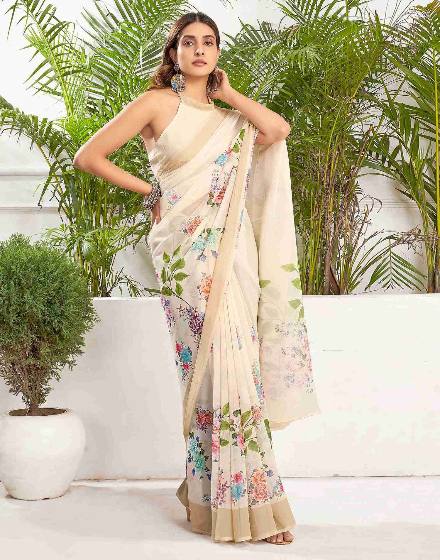 Cream Georgette Printed Saree