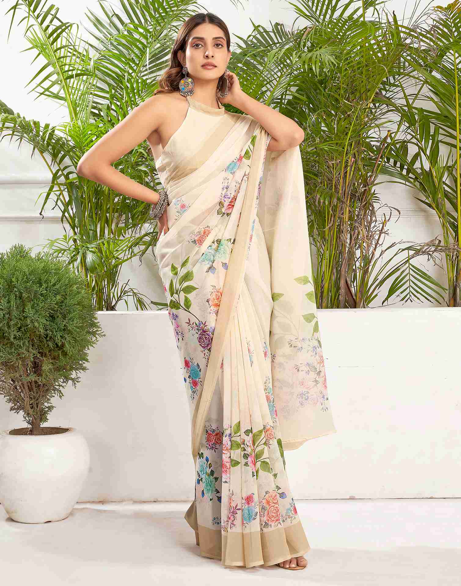 Cream Georgette Printed Saree