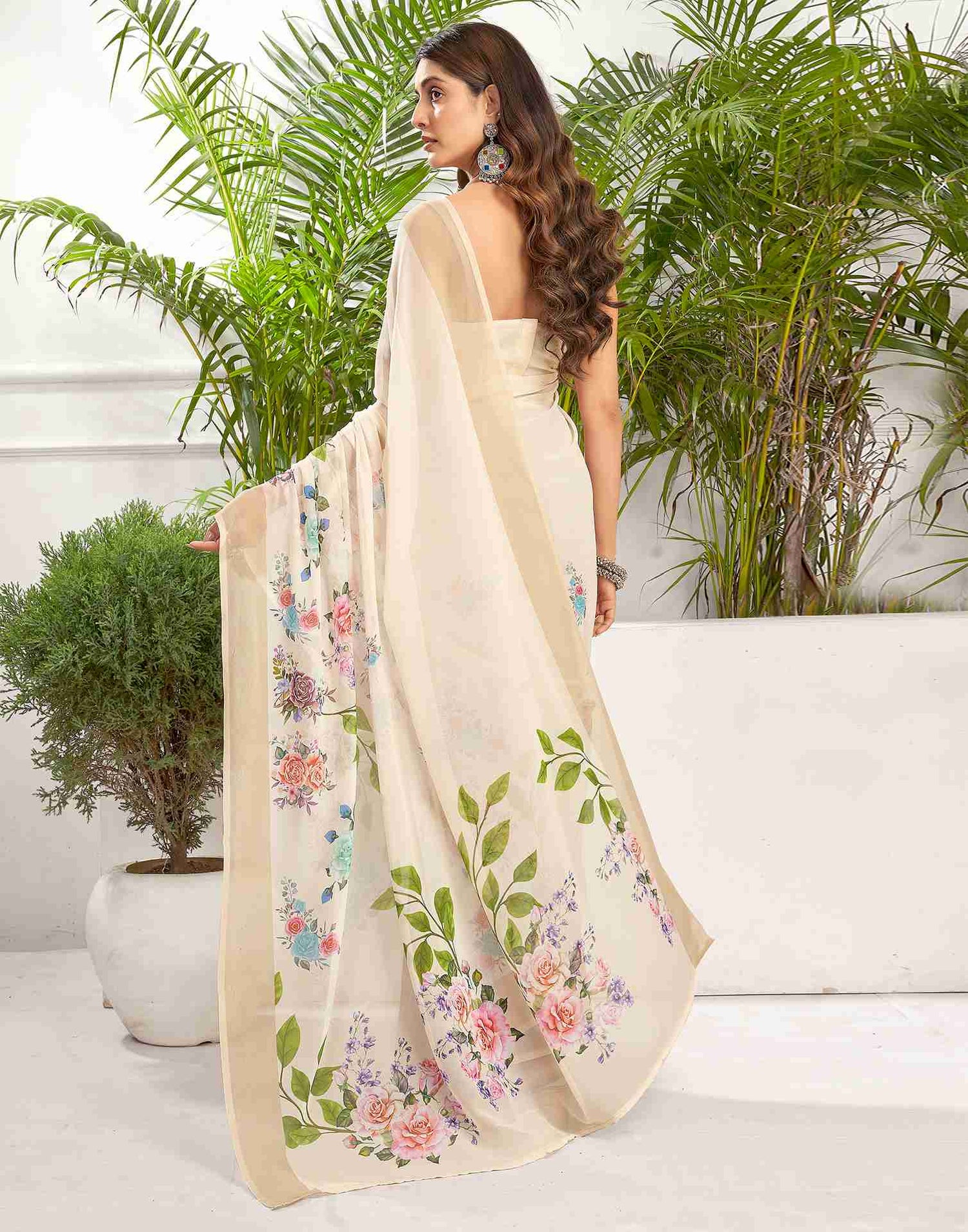 Cream Georgette Printed Saree