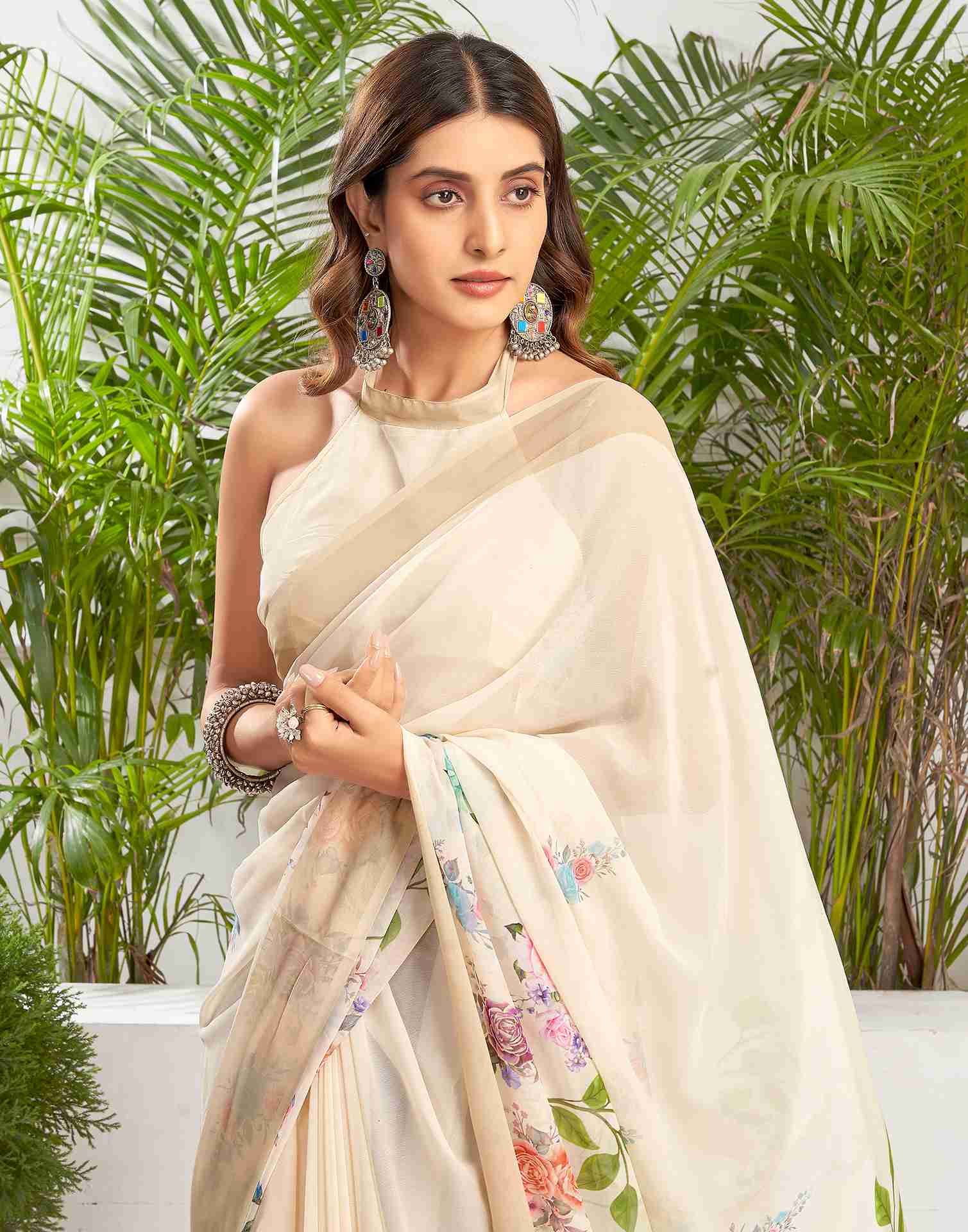 Cream Georgette Printed Saree