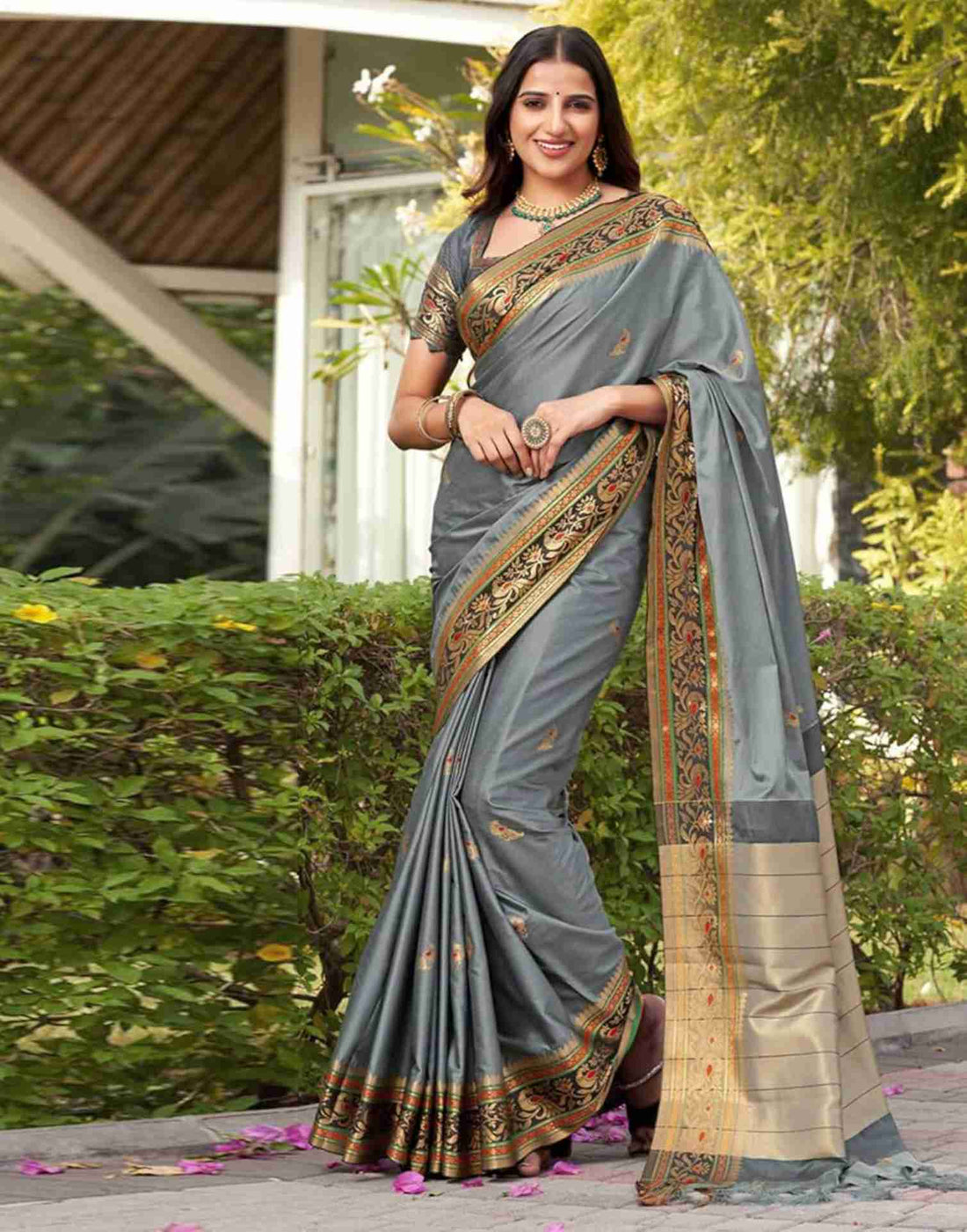 Grey Silk Woven Banarasi Saree