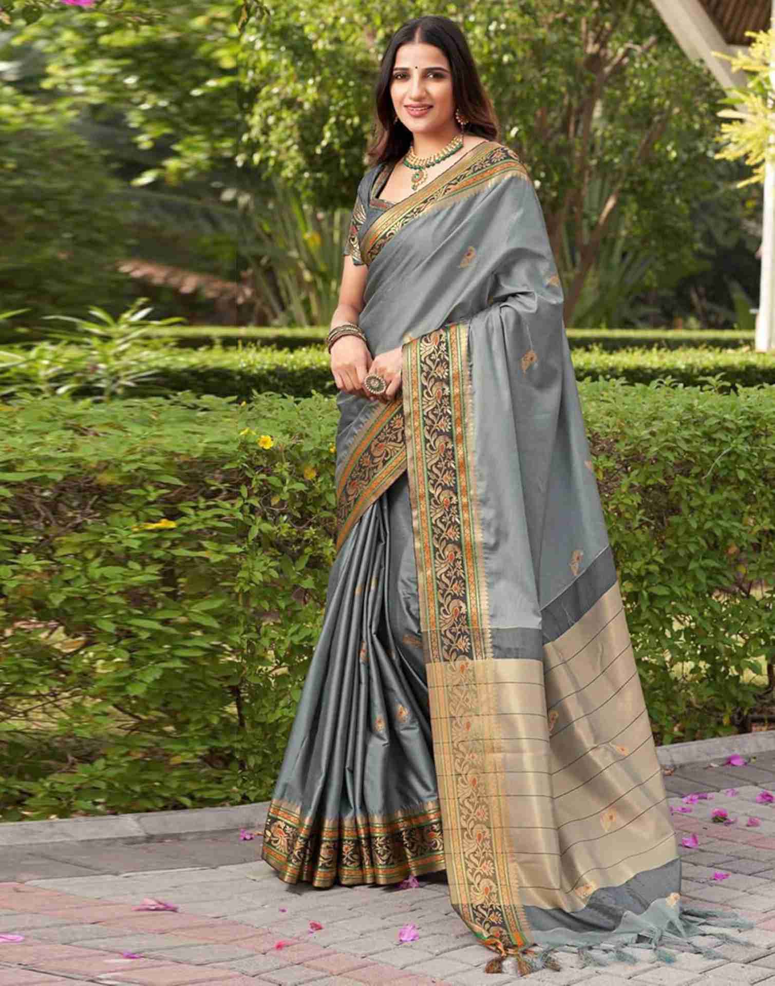 Grey Silk Woven Banarasi Saree