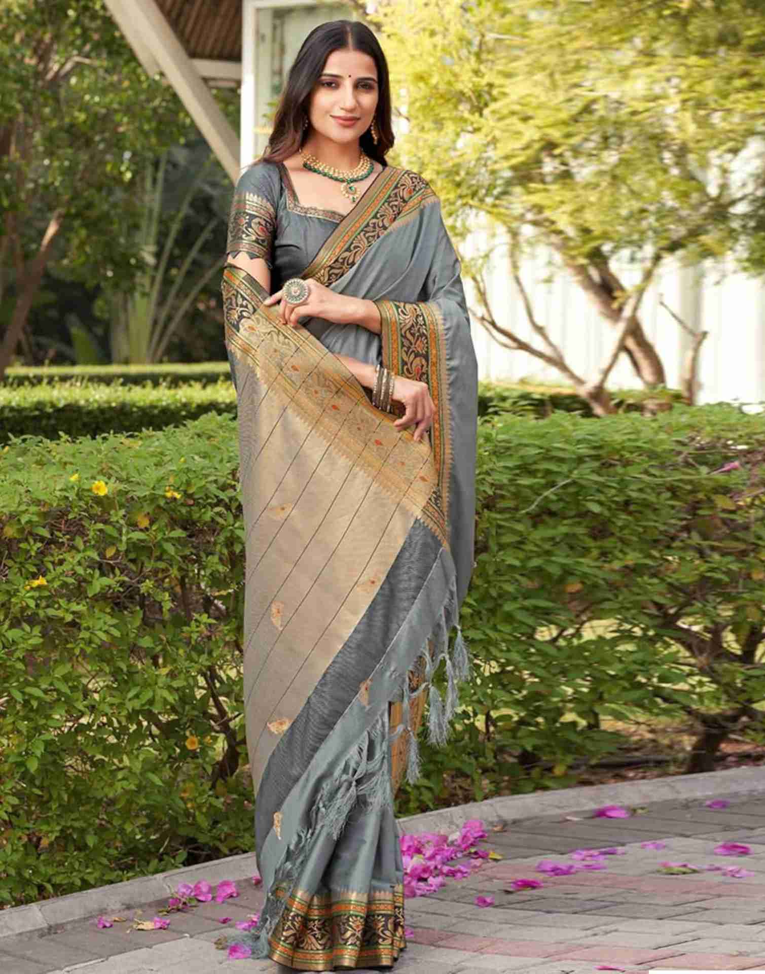 Grey Silk Woven Banarasi Saree