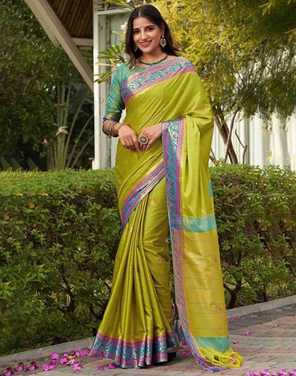 Lime Green Silk Woven Banarasi Saree