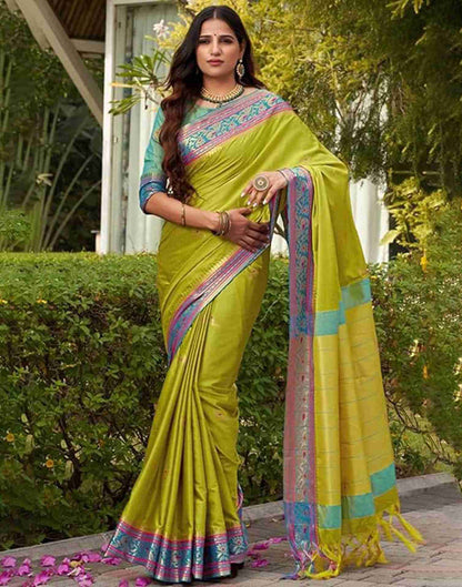 Lime Green Silk Woven Banarasi Saree