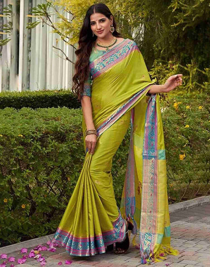 Lime Green Silk Woven Banarasi Saree