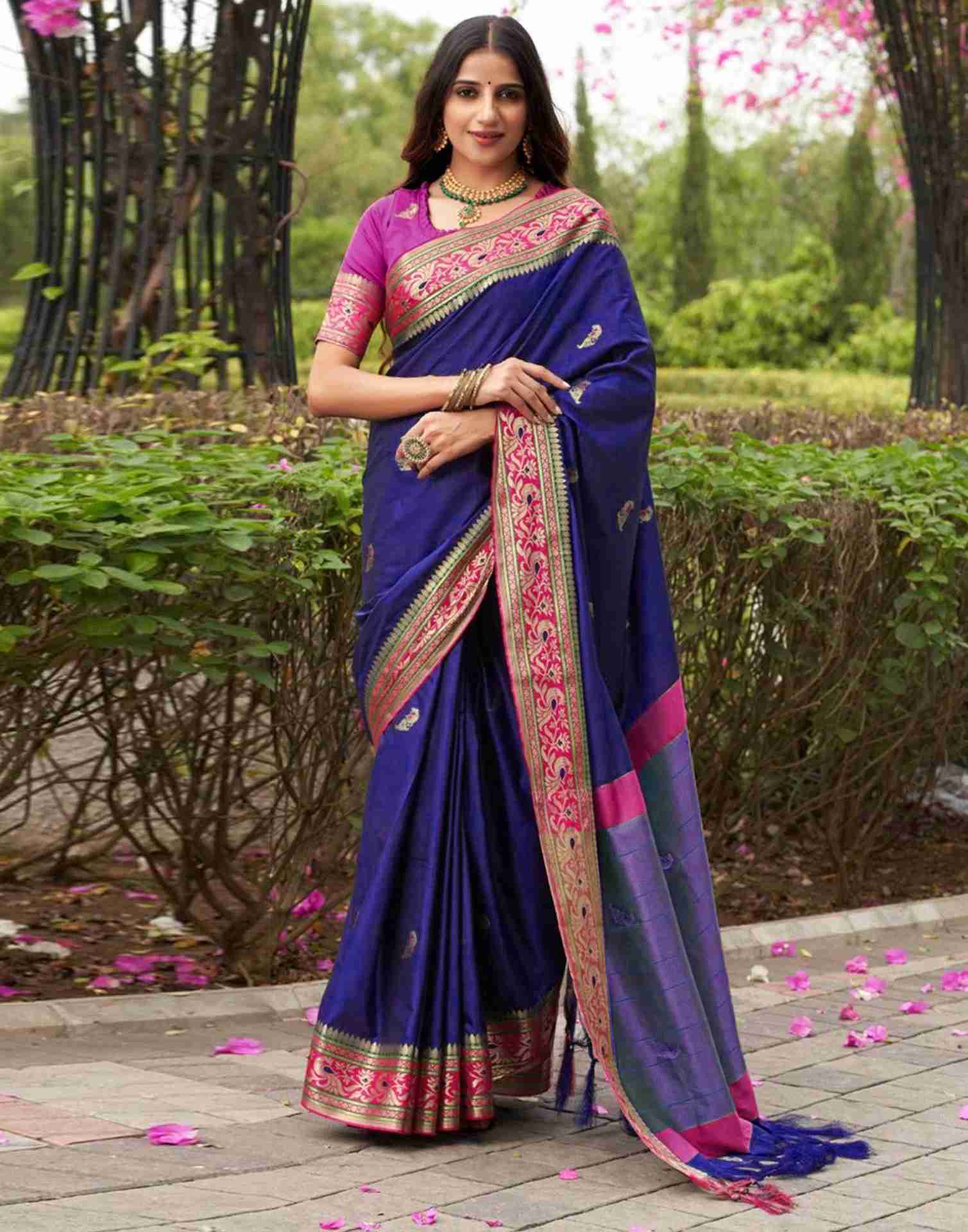 Dark Blue Silk Woven Banarasi Saree