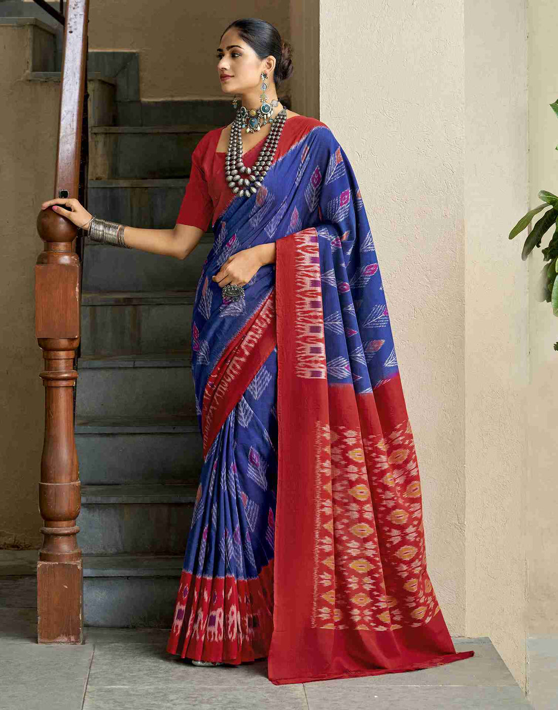 Dark Blue Cotton Geometric Printed Saree