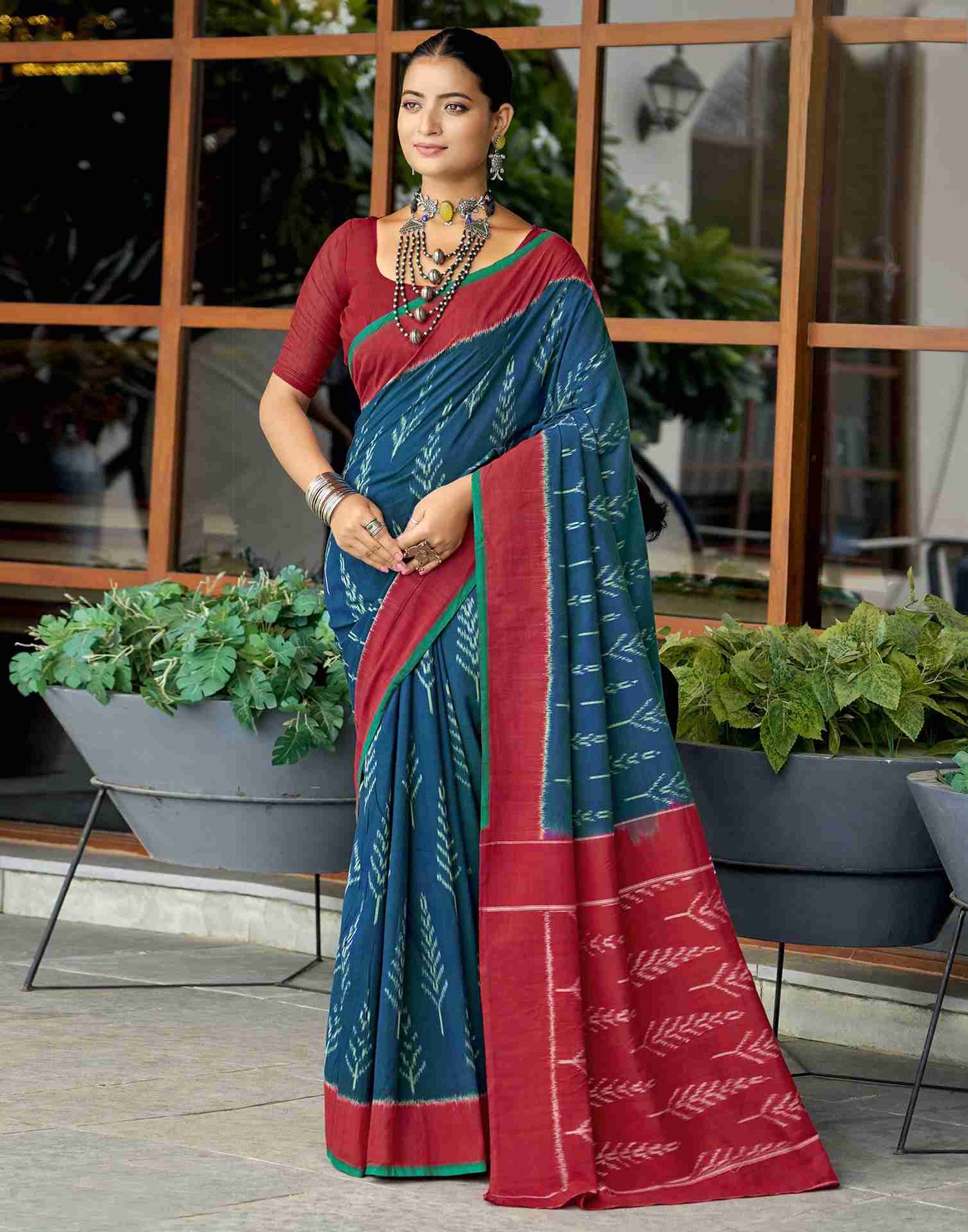 Sea Blue Cotton Geometric Printed Saree