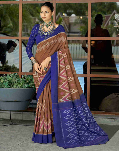 Brown Cotton Geometric Printed Saree