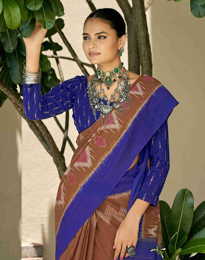 Brown Cotton Geometric Printed Saree