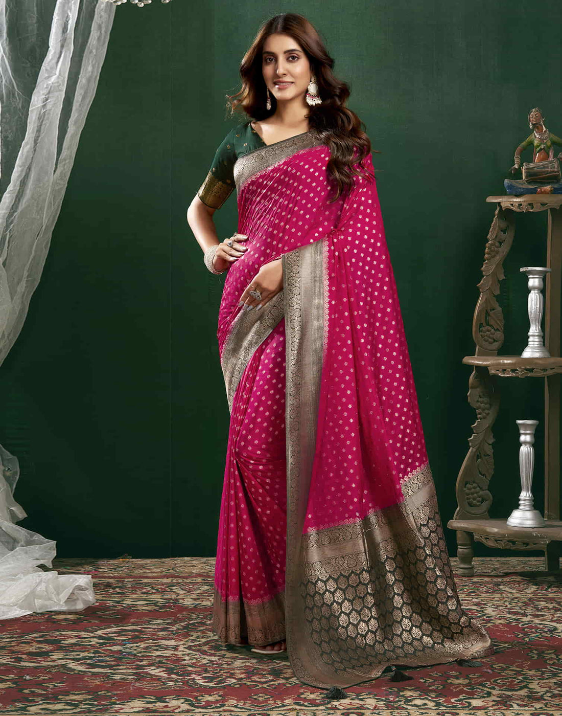 Rani Pink Georgette Woven Banarasi Saree