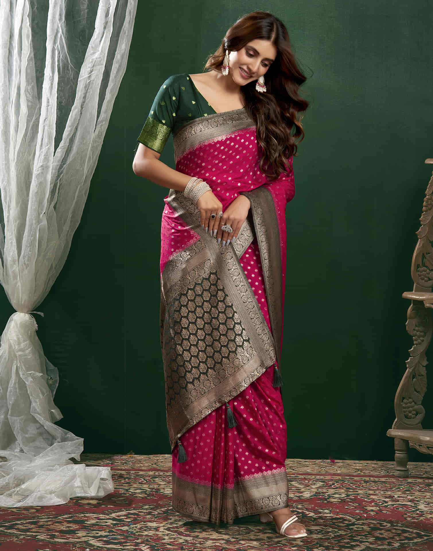 Rani Pink Georgette Woven Banarasi Saree