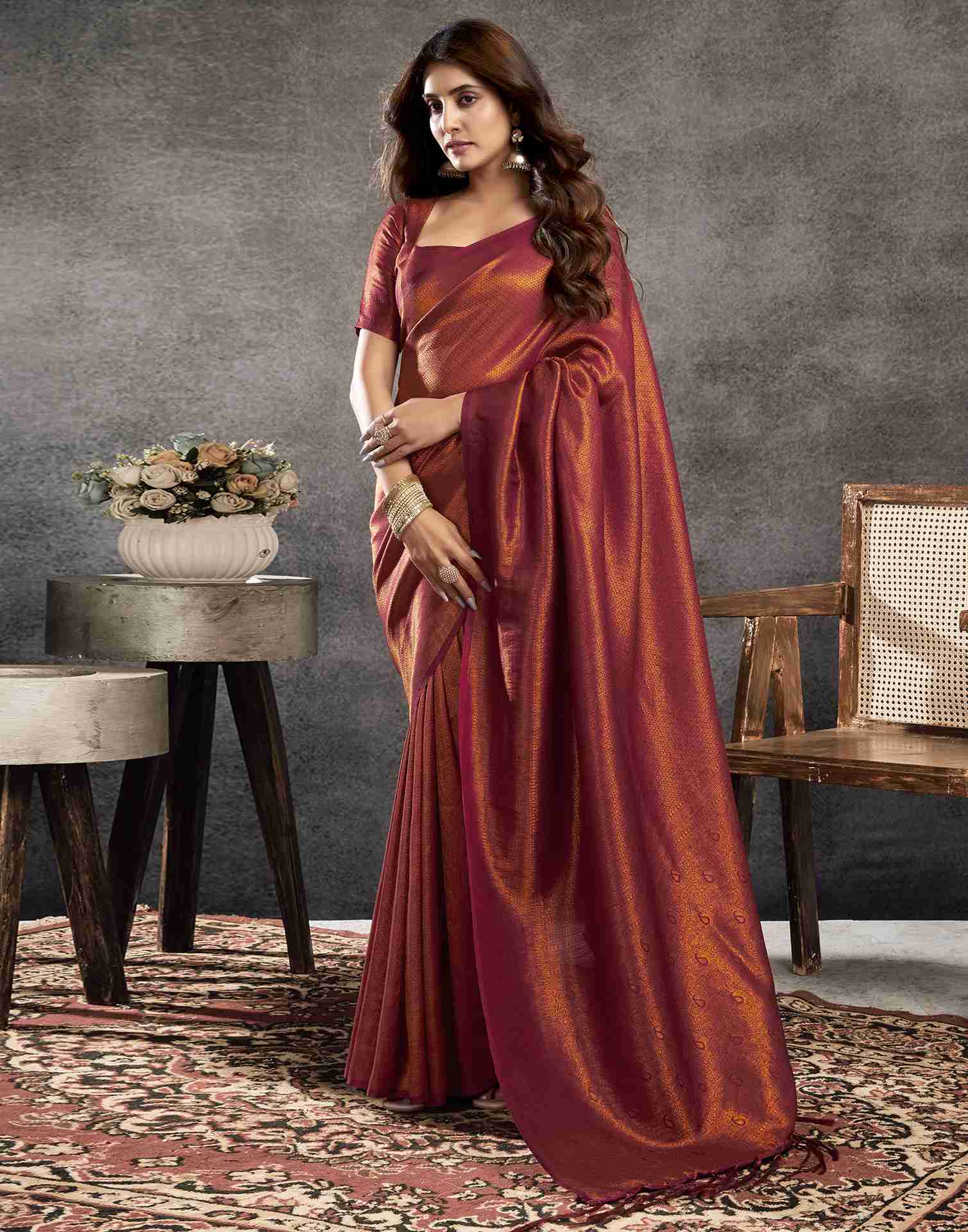 Maroon Silk Woven Kanjivaram Saree