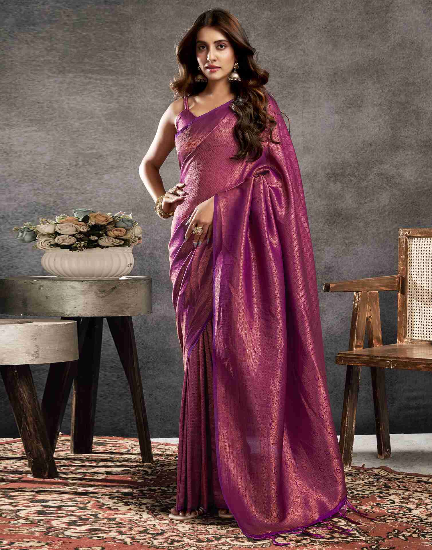 Deep Purple Silk Woven Kanjivaram Saree