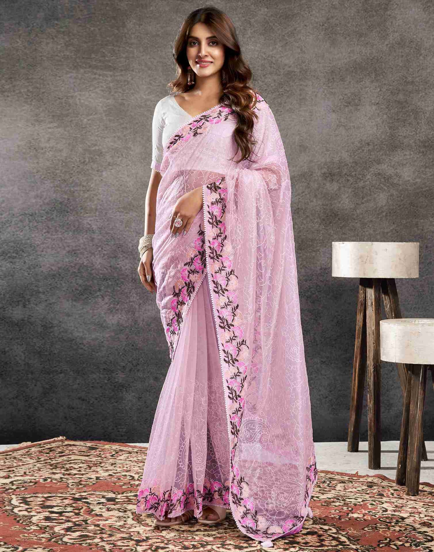 Light Pink Net Embroidery Saree