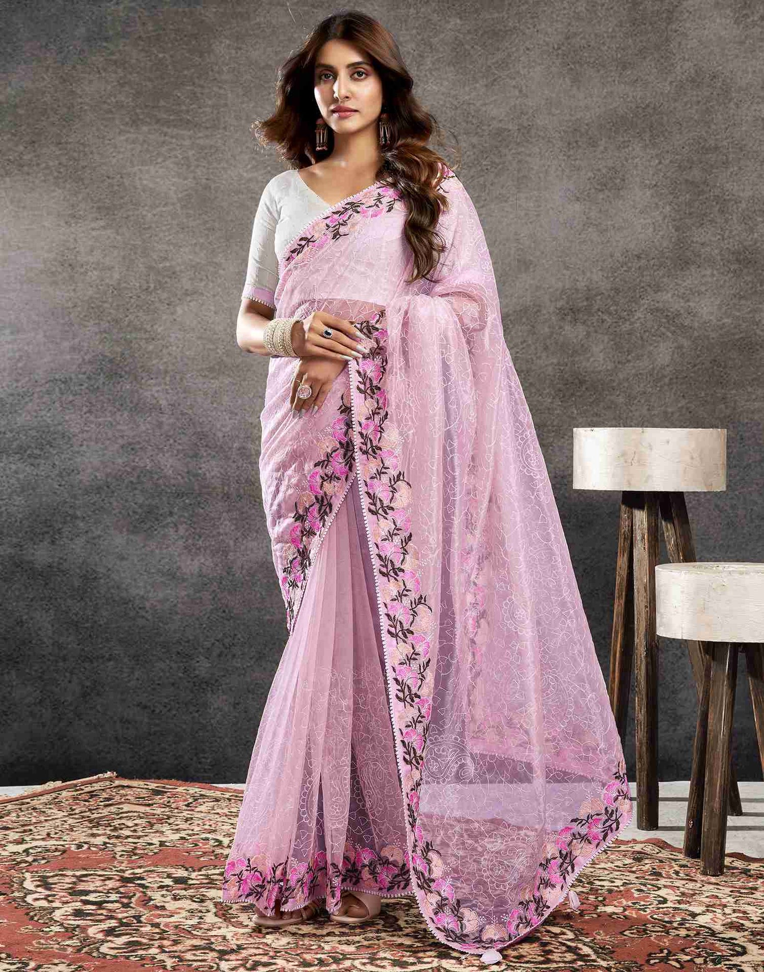 Light Pink Net Embroidery Saree