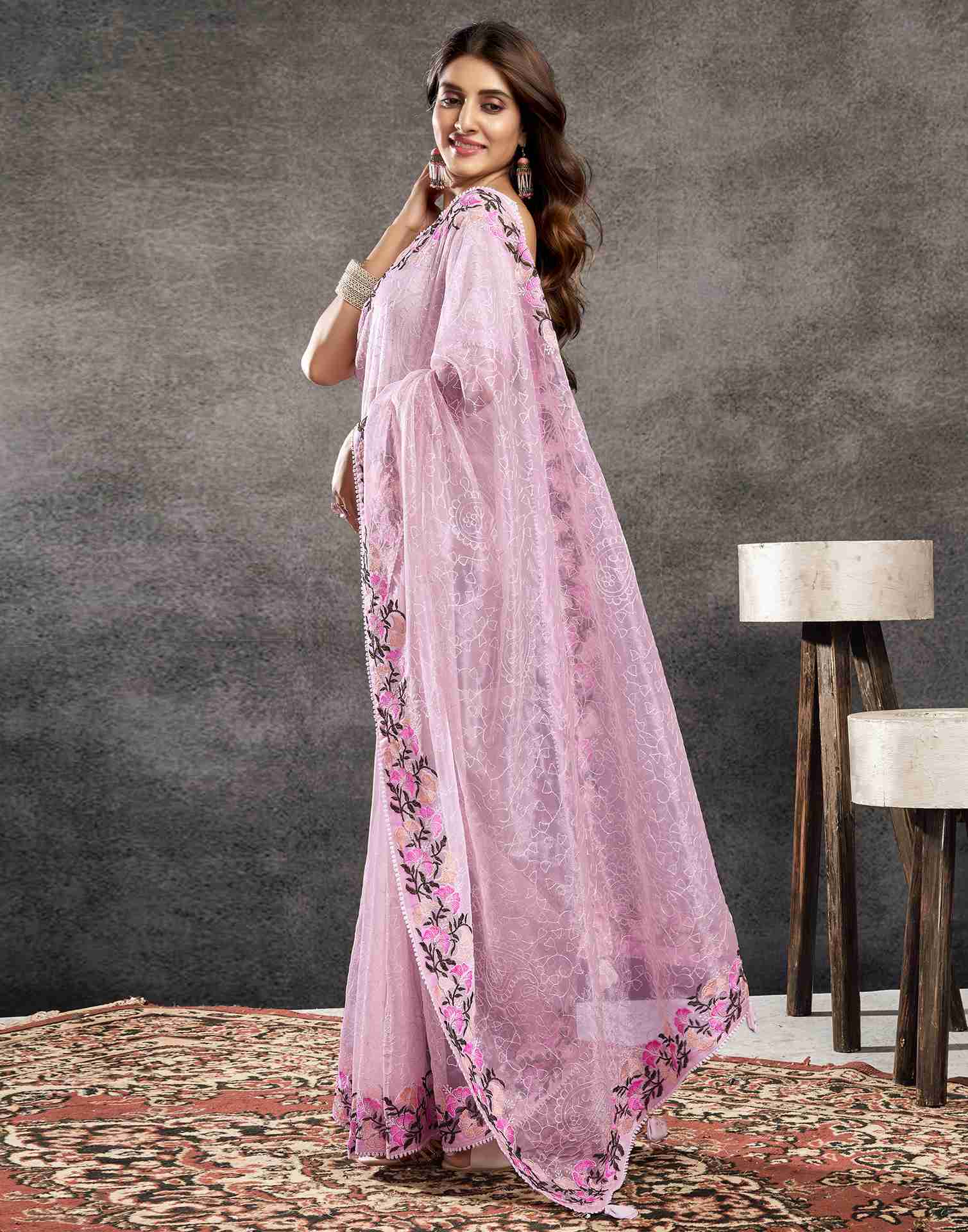 Light Pink Net Embroidery Saree