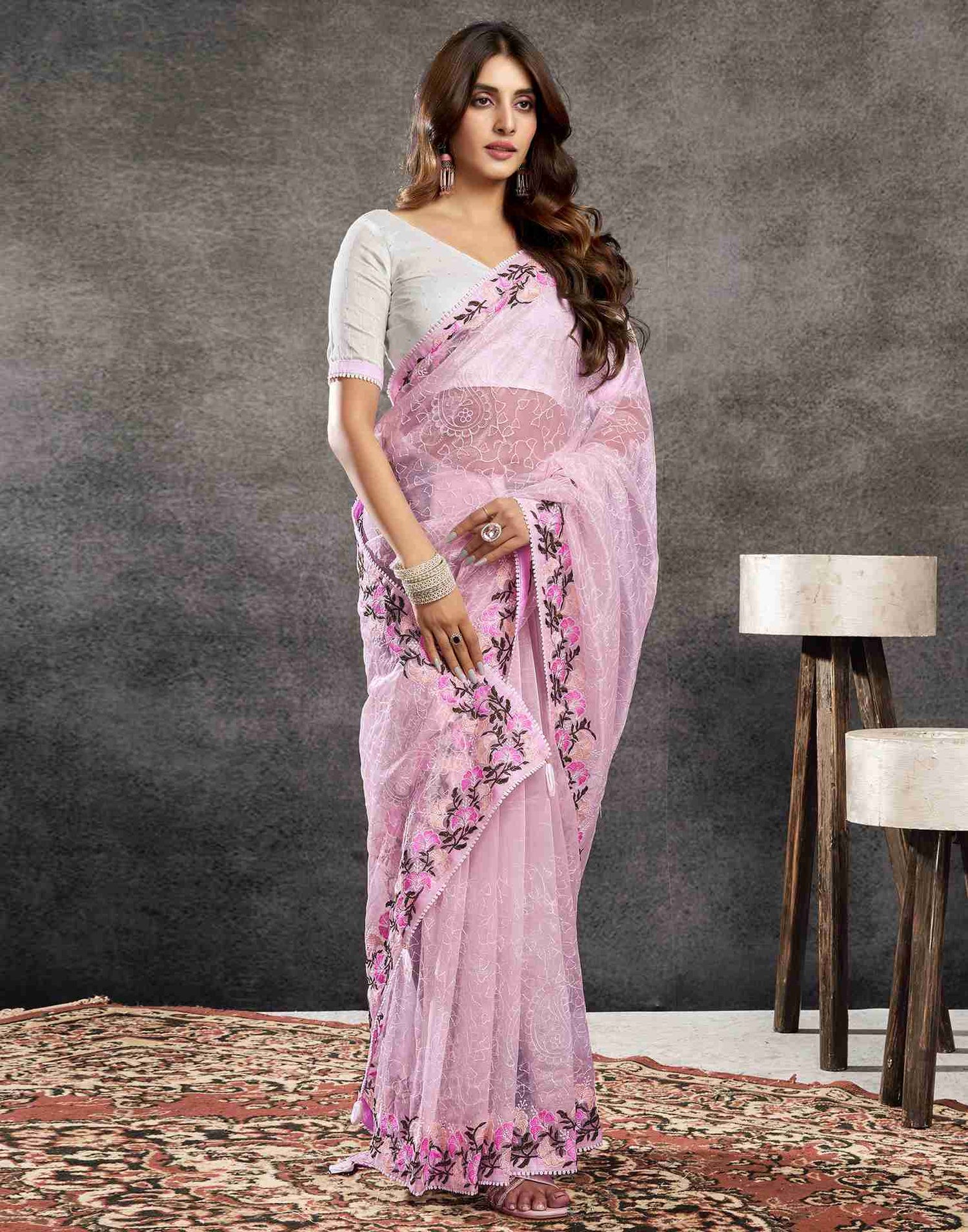 Light Pink Net Embroidery Saree