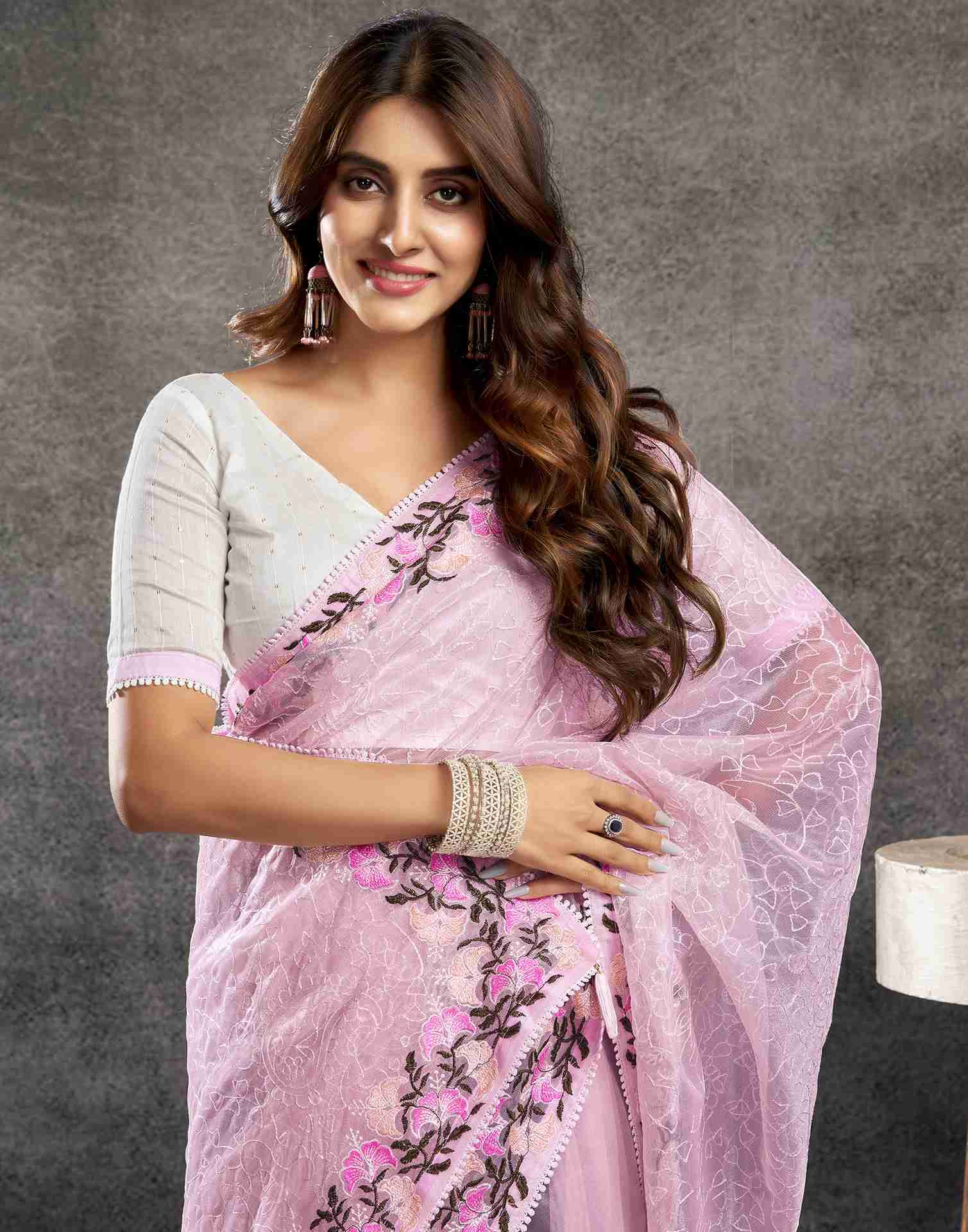 Light Pink Net Embroidery Saree