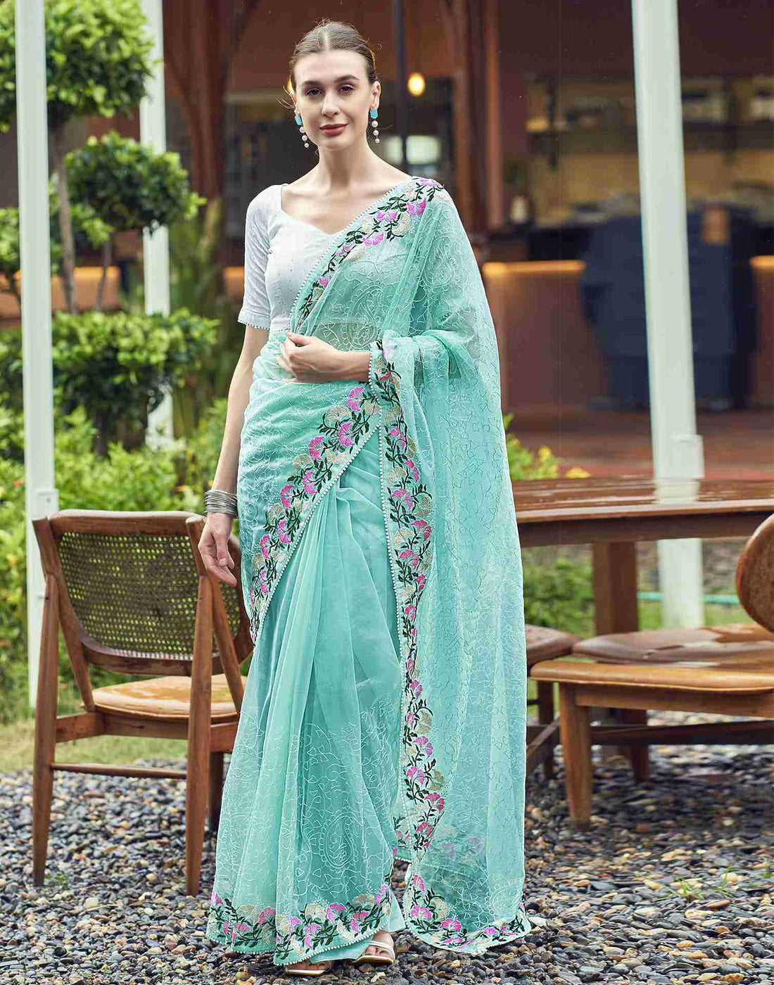 Light Turquoise Net Embroidery Embroidered Saree