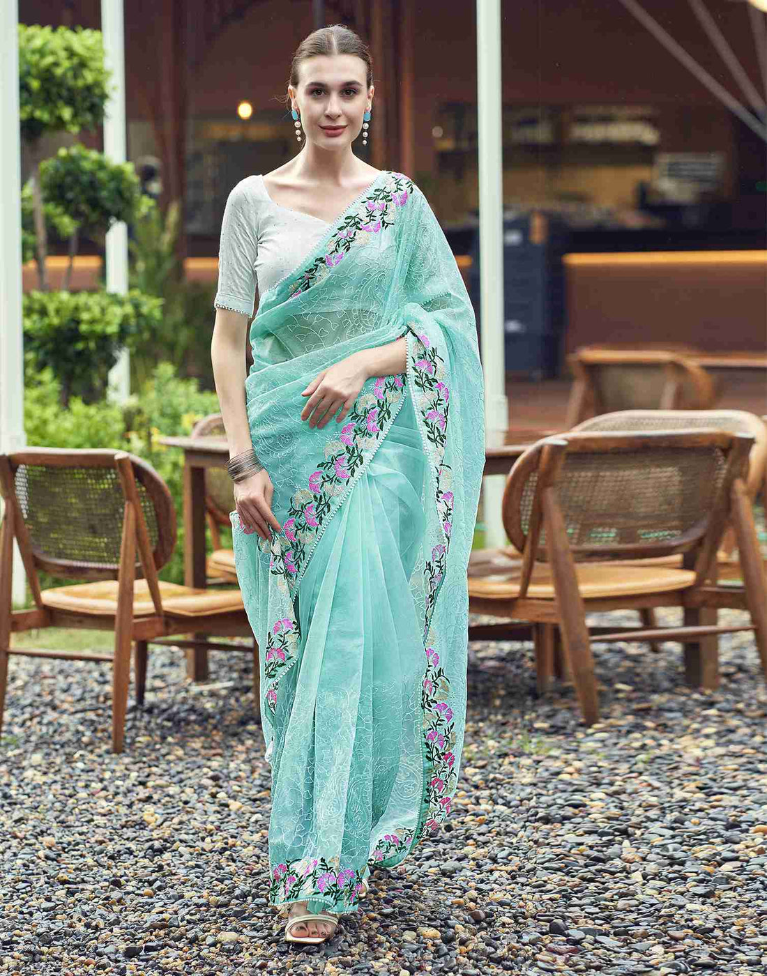 Light Turquoise Net Embroidery Embroidered Saree