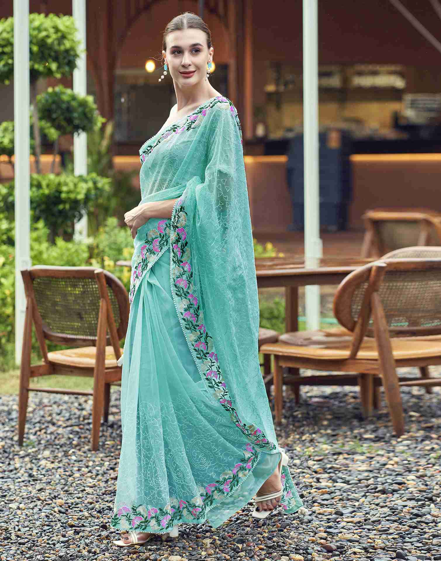 Light Turquoise Net Embroidery Embroidered Saree