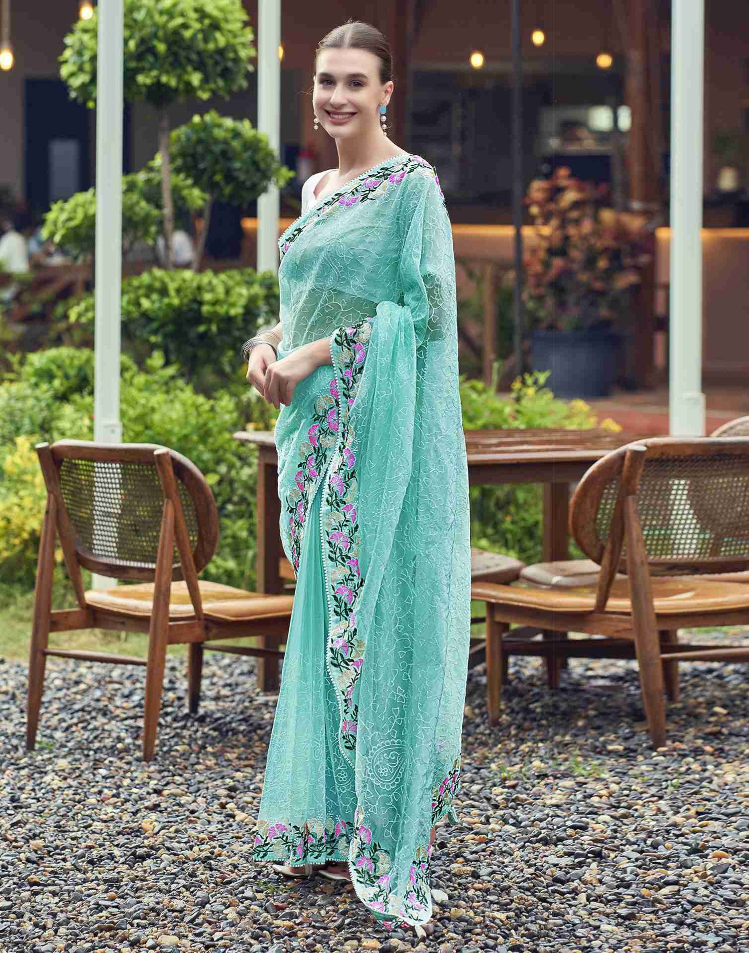 Light Turquoise Net Embroidery Embroidered Saree