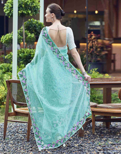 Light Turquoise Net Embroidery Embroidered Saree