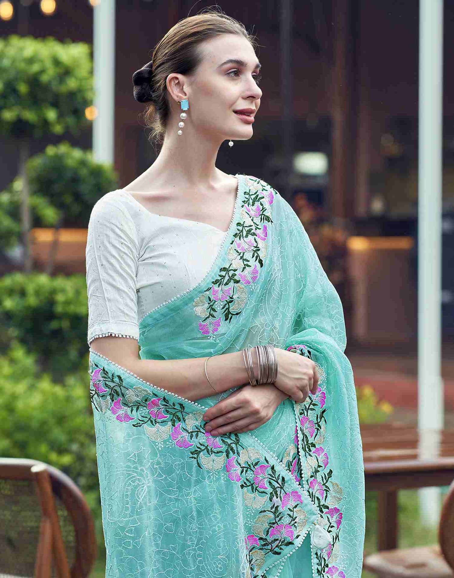 Light Turquoise Net Embroidery Embroidered Saree