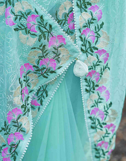 Light Turquoise Net Embroidery Embroidered Saree