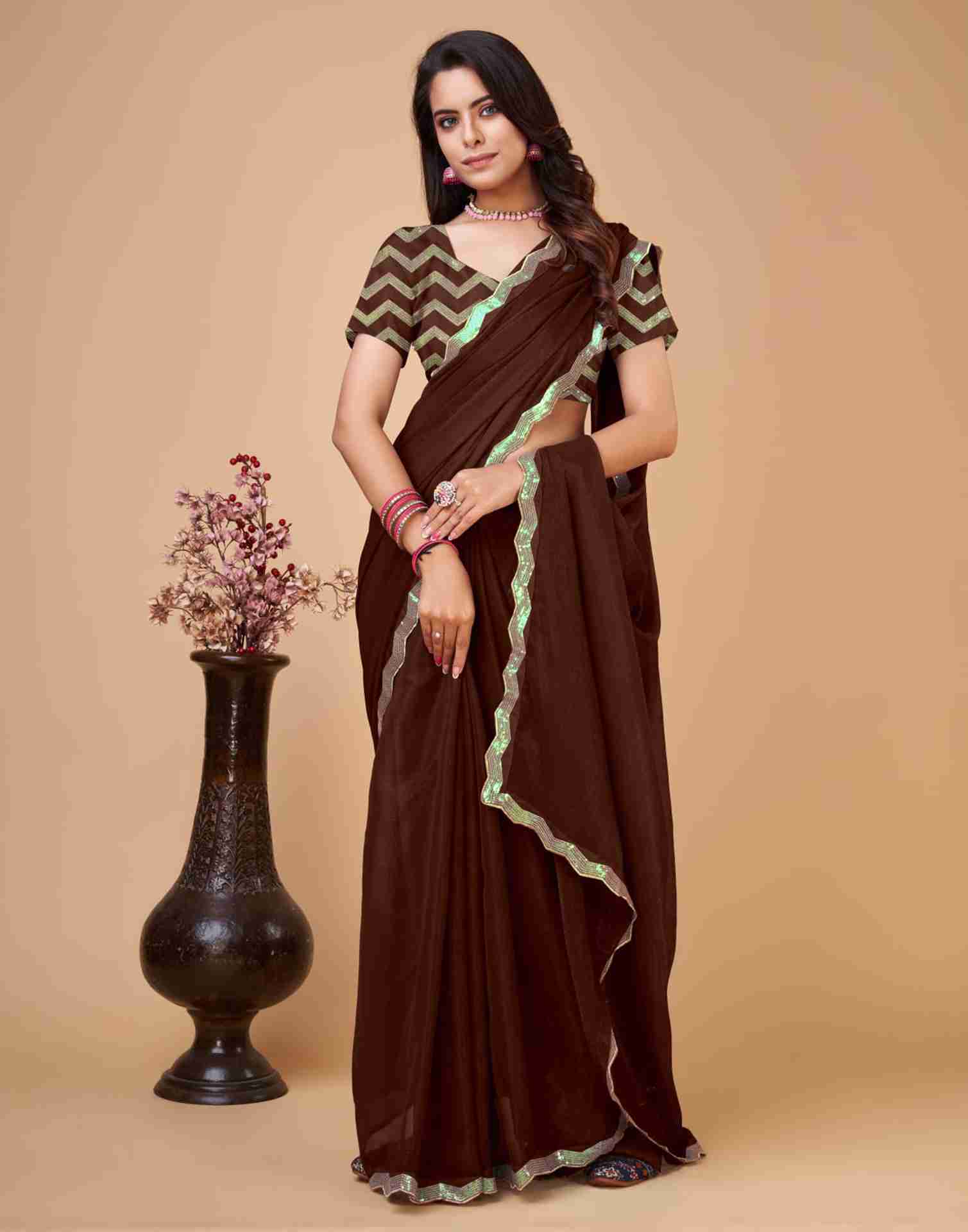 Brown Chiffon Sequience Plain Saree