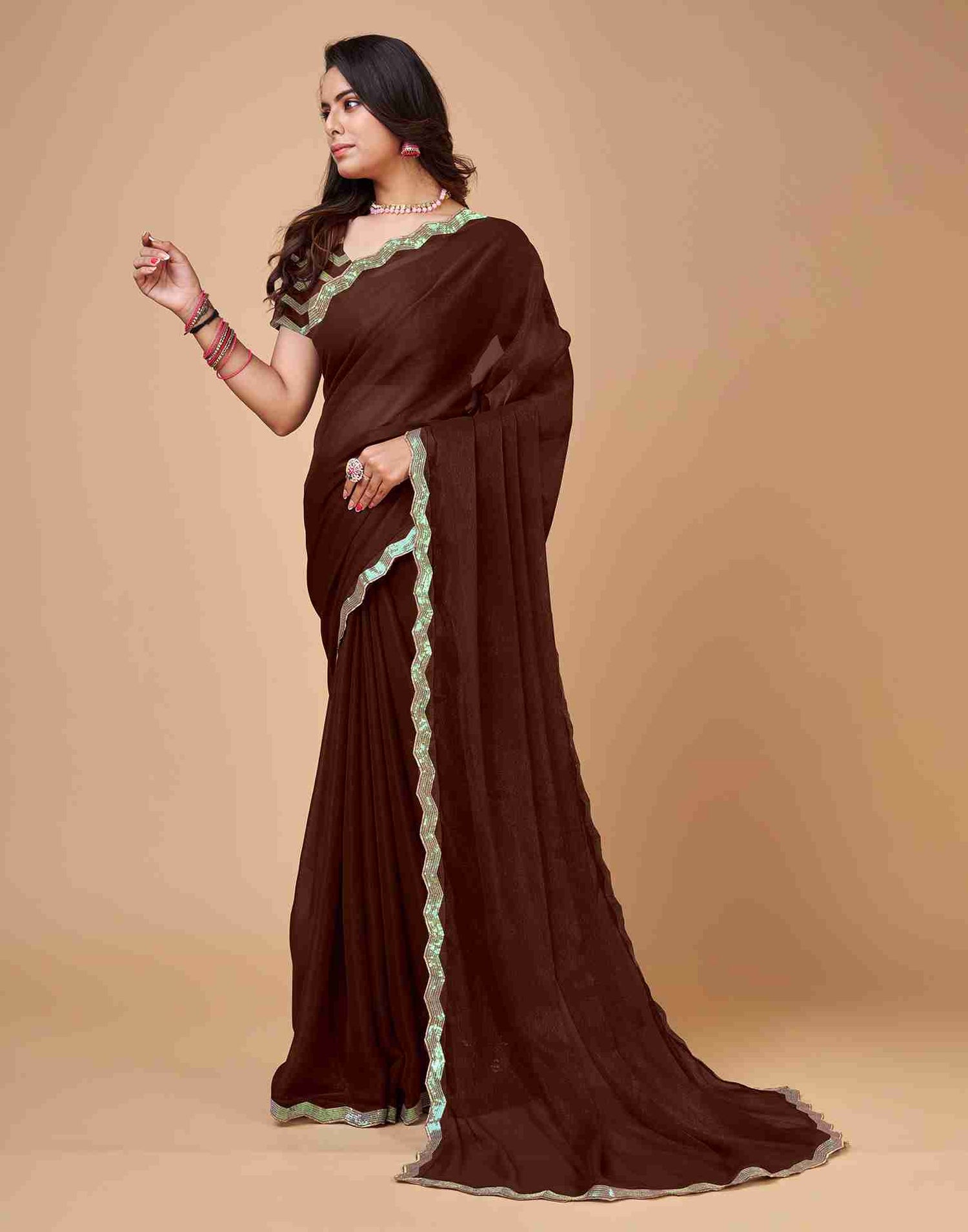 Brown Chiffon Sequience Plain Saree