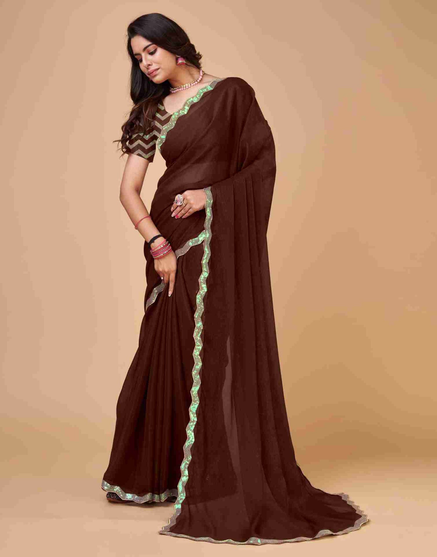 Brown Chiffon Sequience Plain Saree