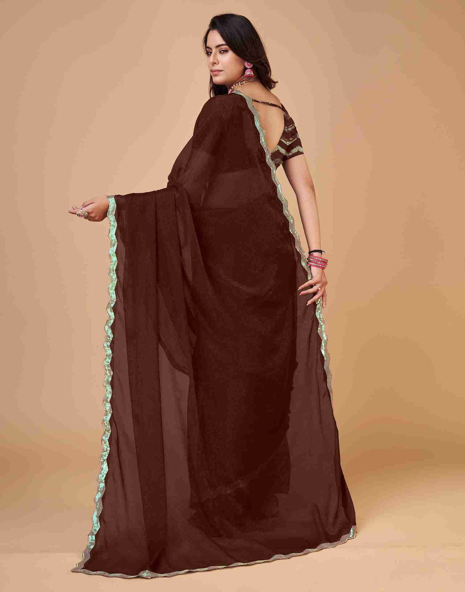 Brown Chiffon Sequience Plain Saree