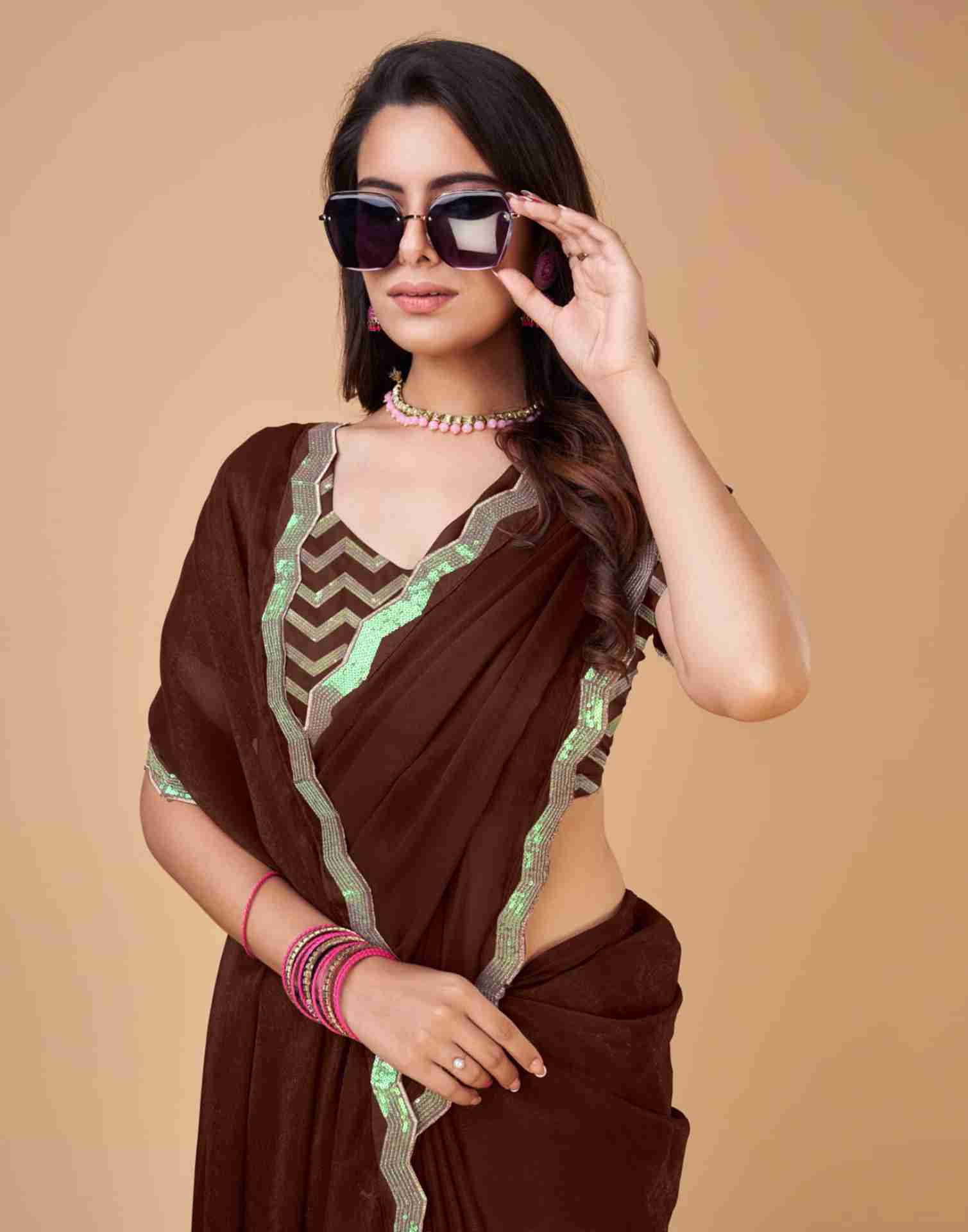 Brown Chiffon Sequience Plain Saree