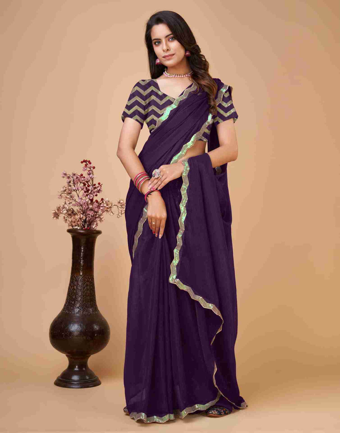 Deep Purple Chiffon Sequience Plain Saree