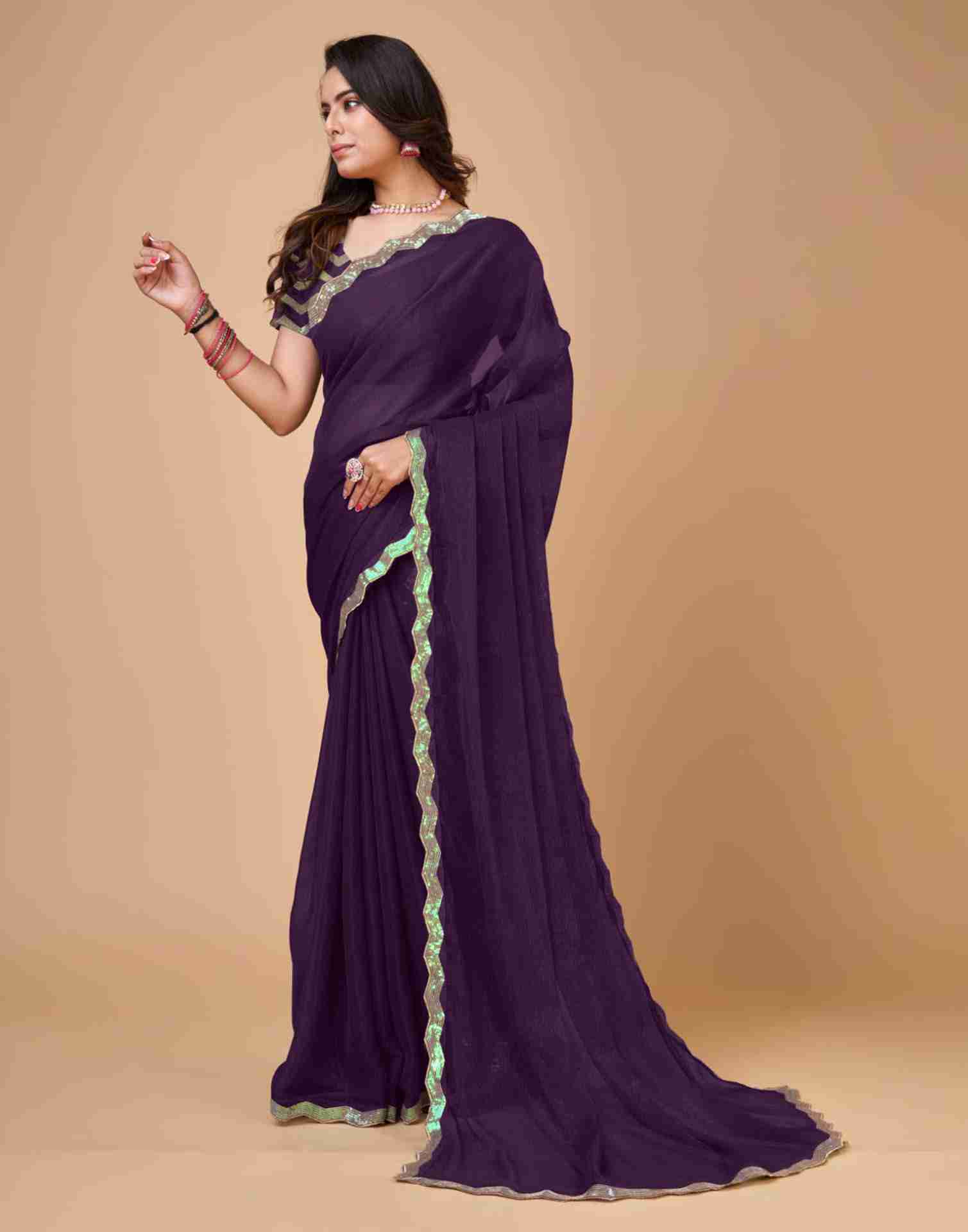 Deep Purple Chiffon Sequience Plain Saree