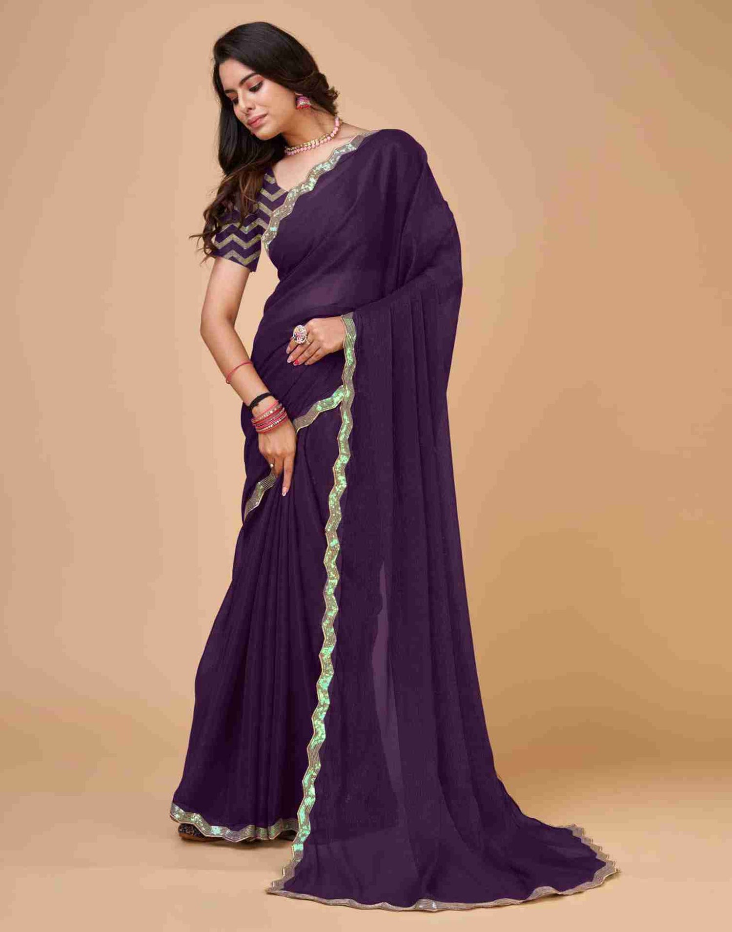 Deep Purple Chiffon Sequience Plain Saree