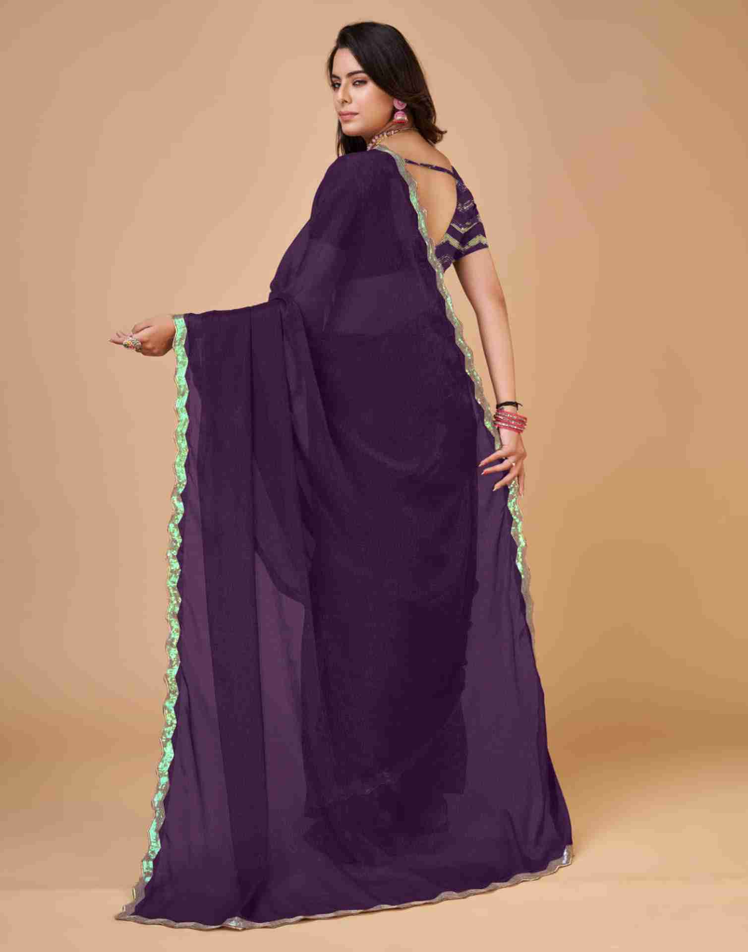 Deep Purple Chiffon Sequience Plain Saree