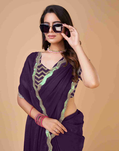 Deep Purple Chiffon Sequience Plain Saree