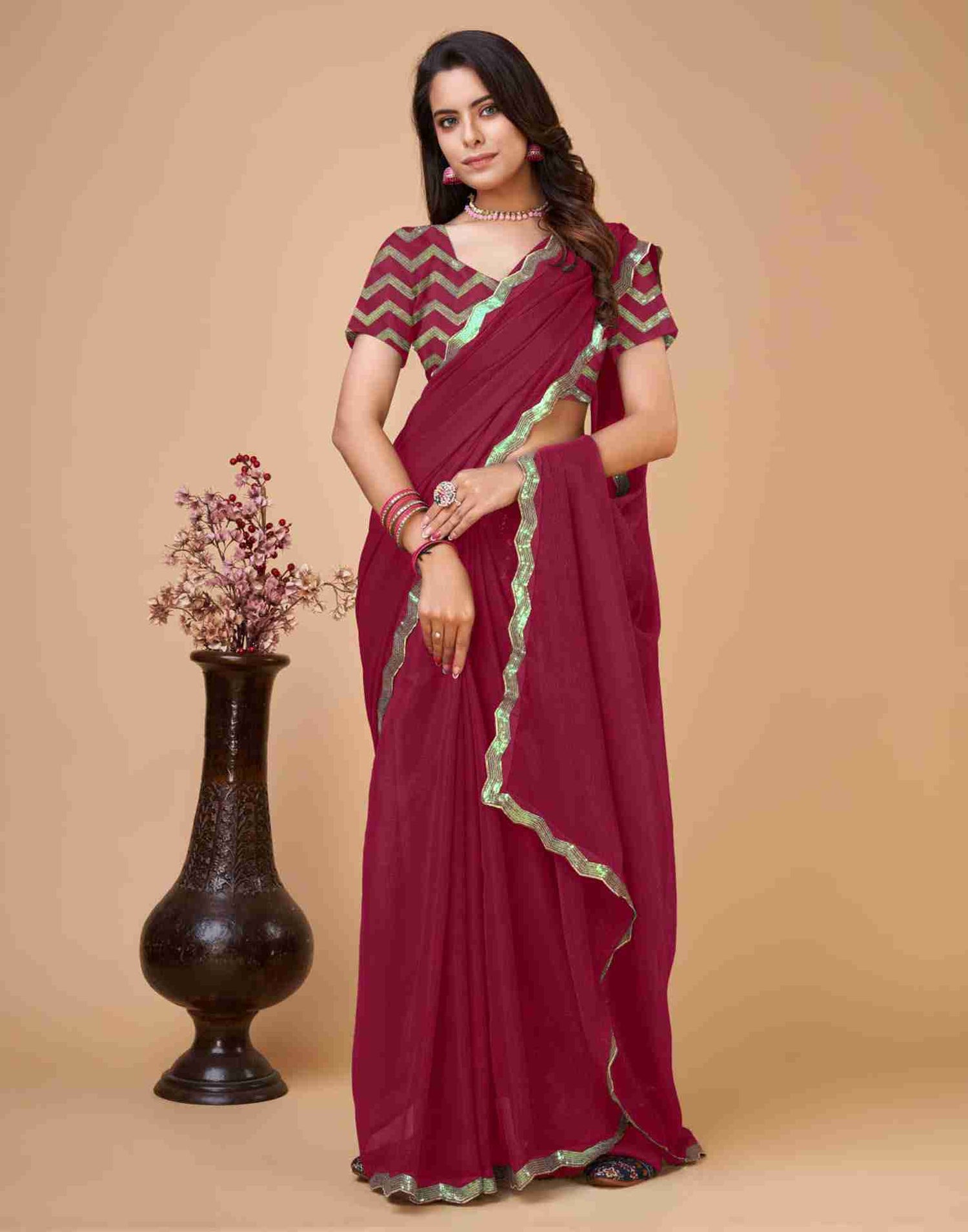 Dark Pink Chiffon Sequience Plain Saree