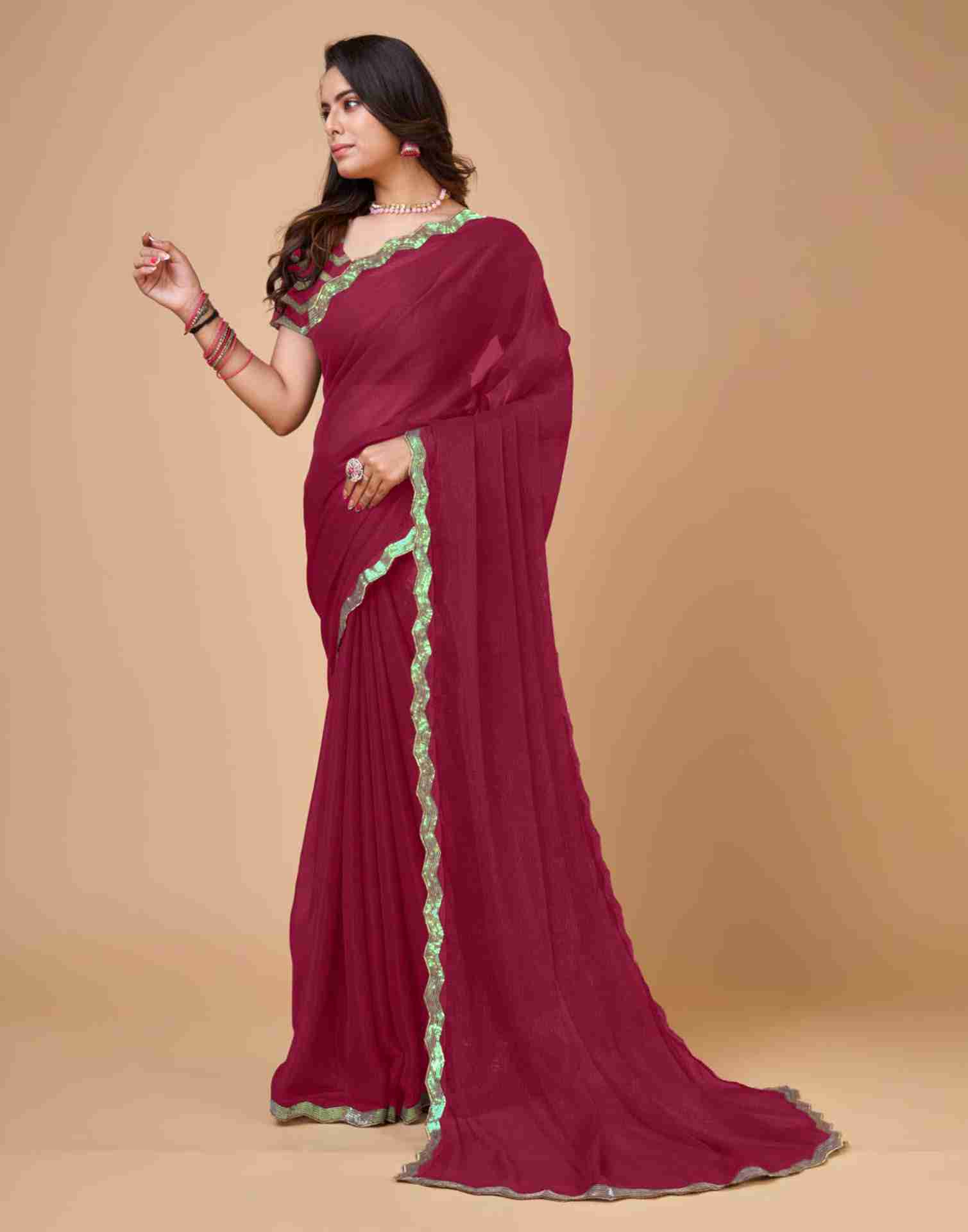 Dark Pink Chiffon Sequience Plain Saree