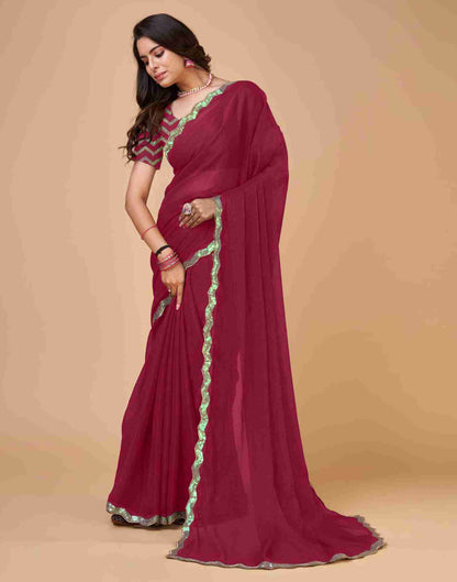 Dark Pink Chiffon Sequience Plain Saree