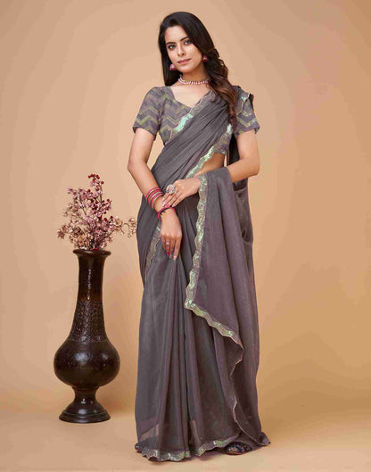 Grey Mauve Chiffon Sequience Plain Saree