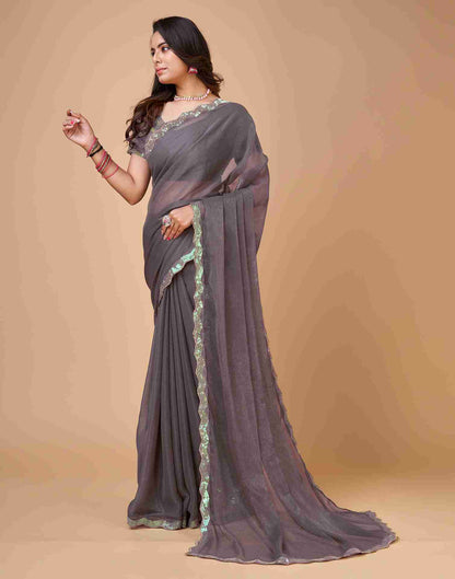 Grey Mauve Chiffon Sequience Plain Saree