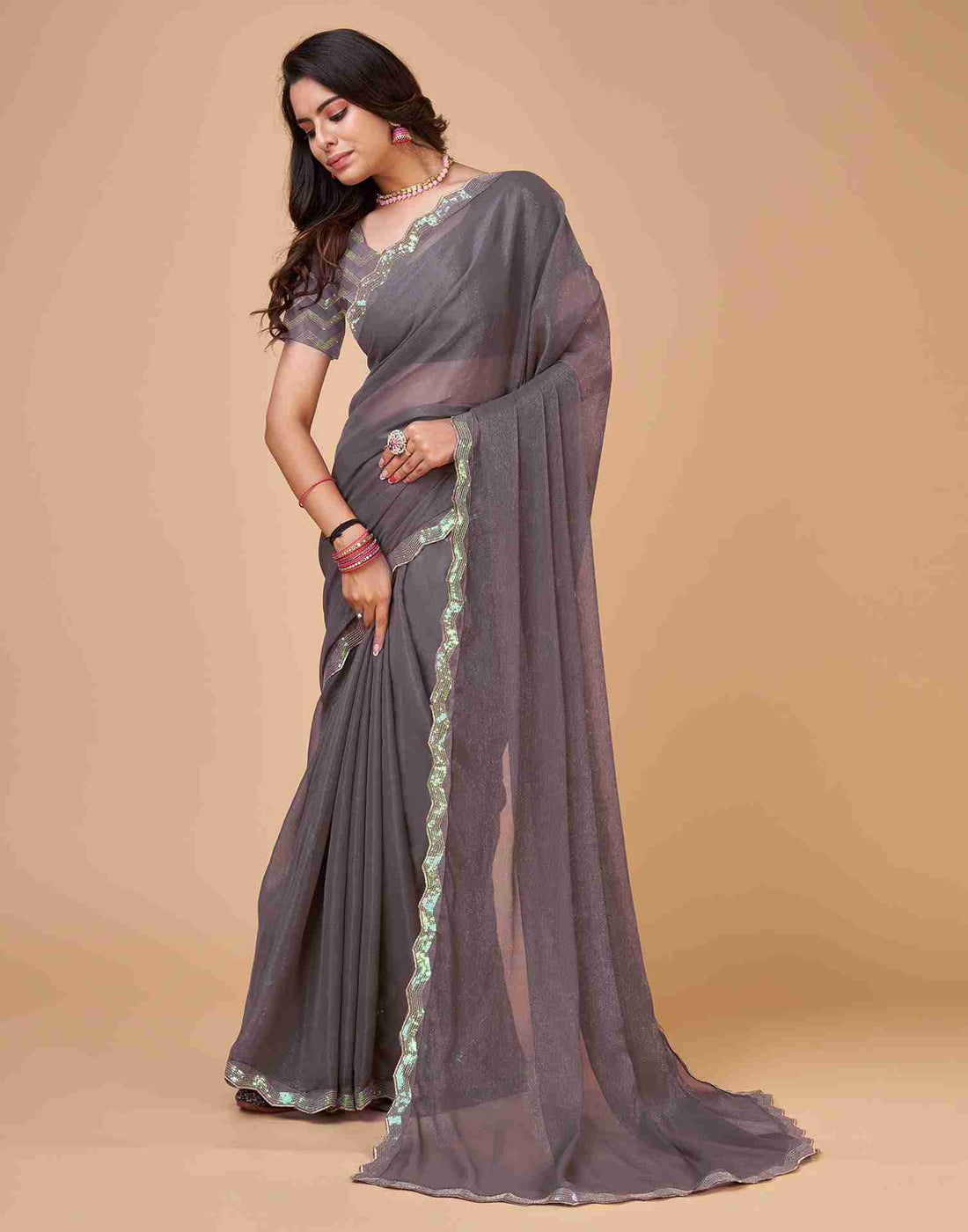 Grey Mauve Chiffon Sequience Plain Saree